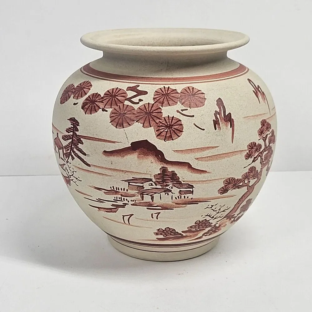 Kutani Satsuma Vase Planter Vintage Red Scenic Handpainted Porcelain Japan